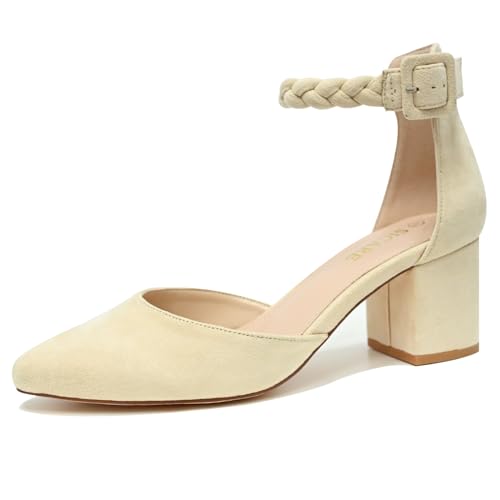 Pointed Toe Pumps Dress Shoes for Women with Black Chunky Heels Ankle Strap Wedding Shoes