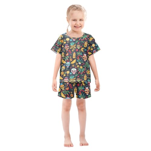 ALAZA Mexican Day Of The Dead Sugar Skull Lemon Pajamas Set Short Sleeve Cotton Sleepwear Summer Pjs 2 Piece 5-14Y3