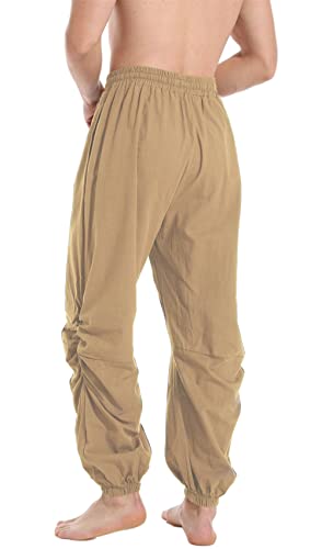 PACEIADTA Mens Cotton Linen Drawstring Pants Elastic Waist Casual Jogger Yoga Pants (40, Khaki)3
