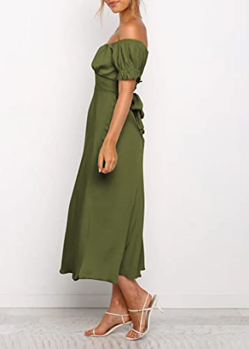 Image of KIRUNDO Women's Satin Summer Wedding Guest Cocktail Dress | 2026 Spring Fall Party Midi Dress, Silky, Elegant Off Shoulder Short Sleeve, Ruffle Mermaid Hem, Wrap Prom Formal Outfits