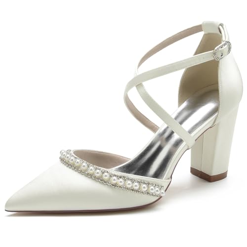 Escarpins de mariée épais FGRID en satin ivoire pointu taille 38