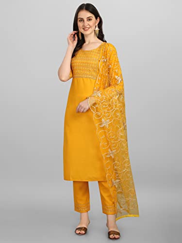 Image of VredeVogel Women Cotton Slub Straight Kurta Set With Pant and Net Embroidery Dupatta