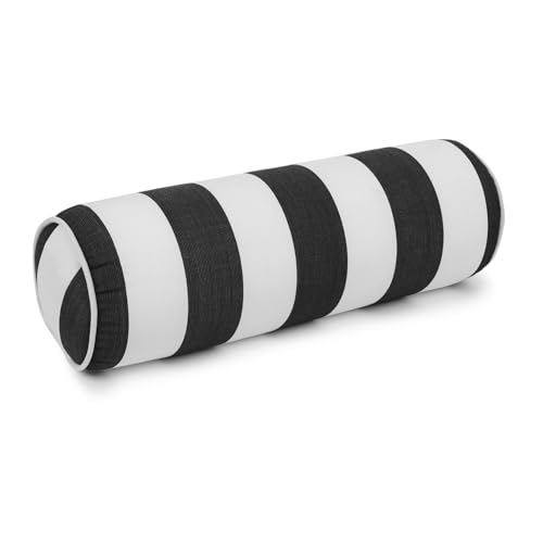 Sherry Kline Cabana Stripe Set of 2 Neck roll Bolster Pillows, Zippered Removable Cover with Corded Trim, 6x18 Inch Cylinder Outdoor Indoor Cushion, Foam Insert, Made in USA - Black/White