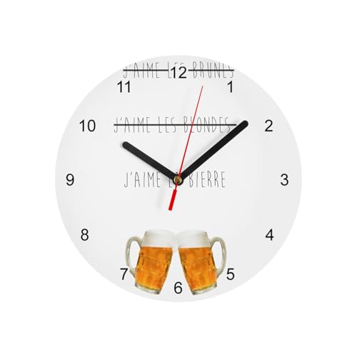 Fabulous Horloge Murale en Verre - J'aime La Biere Pas Les Brunes Pas Les Blondes Humour Alcool - Diamètre 20 cm - Blanc
