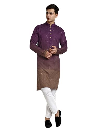 Image of Vardha Men's Cotton Chikankari Embroidered Kurta with Full Sleeves and Knee Length Design and Elegant Sequence Work | Kurta for Men