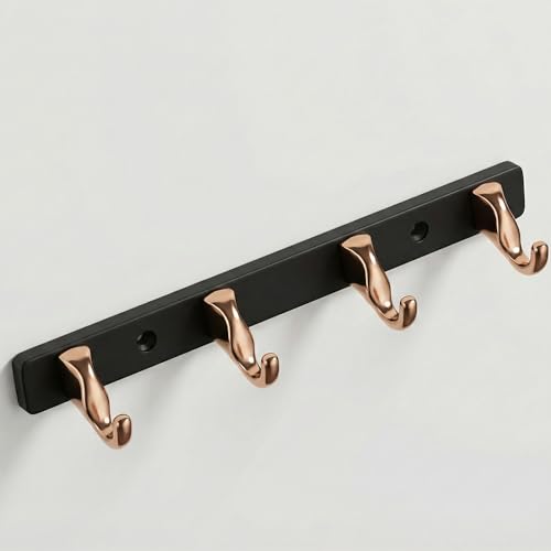 Image of 4 Hook Modern Bathroom Hooks for Hanging /Cloth Hooks for Door Back Side /Cloth Hanger for Wall (Rose Gold with Black) Pack of 1-| 3 Years Warranty |