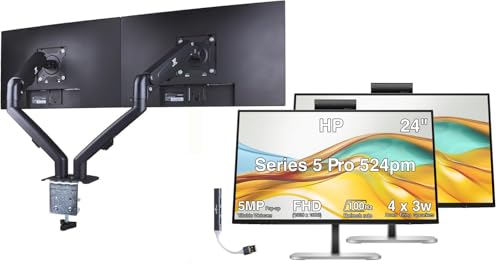 Image of HP Series 5 Pro 524pm 24 inch FHD USB-C Conferencing Monitor, 5MP Pop-up webcam, 4x3W Speakers, VESA Mount (100mm), Displayport, HDMI, Black /Silver (9E0G9UT#ABA) 2Pack w /DKZ Hub & ErgoFlexy Dual Mount Arm