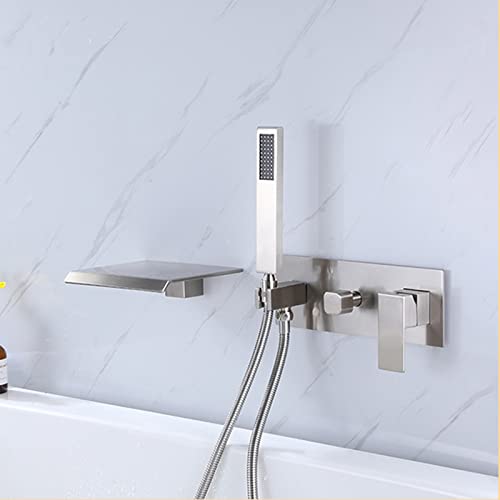 Grifos de Cascada con Ducha, Monomando, para baño, de Pared, con Cabezal de Ducha y Manguera (Cepillado A)