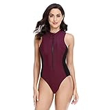 BEACHKINI Traje de baño de una Pieza para Mujer Traje de baño sin Mangas con Cremallera Frontal Traje de baño triángulo,69-Rojo,XL