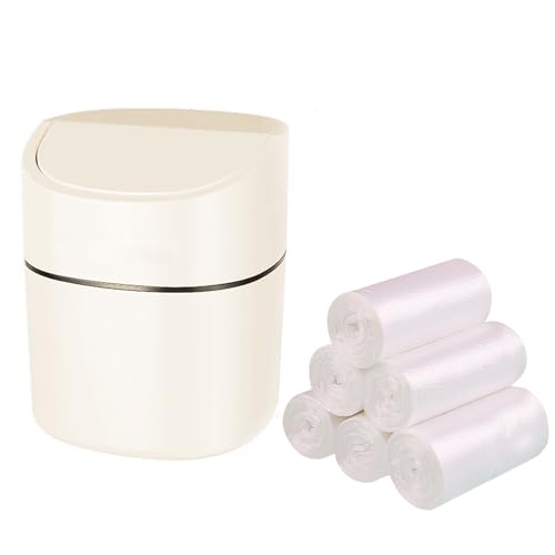 Image of Mini Desk Trash Can with Lid, Tiny Countertop Garbage Can, Small Swing-Lid Table Top Trash Bin, Removable Plastic Desktop Waste Basket with Trash Bags 180Pcs for Vanity Bathroom Bedroom Office Car