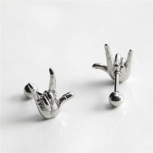16G Rock On Hand Cartilage Stud Earrings for Women Men Boys Girls Fashion Punk Personalized Stainless Steel Flat Screw Back Helix Hypoallergenic Ear Piercing Jewelry Gifts Daughter Birthday Bff Xmas2