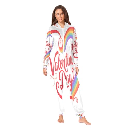 Nexawaveo Pijama enterizo de forro polar ultrasuave para adultos, diseño de corazones amables, acogedor, con capucha y bolsillo, Emblema arcoíris de San Valentín, XL