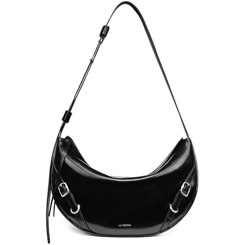 LA'FESTIN Leather Tote Bag For Women, Large Size Hobo Shoulder Purse With Adjustable Strap, Zipper Close Crossbody Bag (Black)