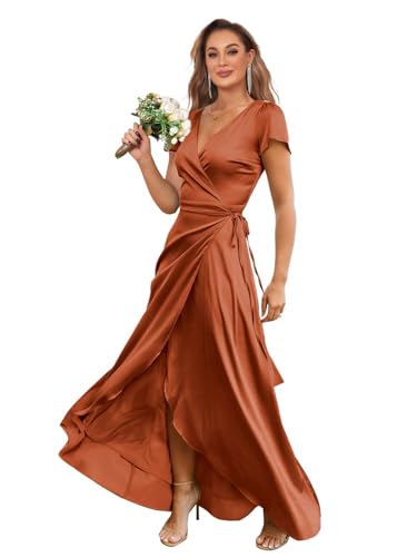 HANVAIOS Burnt Orange Bridesmaid Dress with Slit Long Wrap V Neck Short Sleeve Satin Formal Evening Gown Size 10