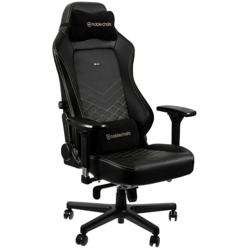 noblechairs Hero Gaming Stuhl 150 kg Belastbarkeit, PU-Kunstleder Bürostuhl Ergonomisch, Schreibtischstuhl Schwarz/Gold, PC Drehstuhl mit Rollen, Gamer Sessel, Inklusive Kissen