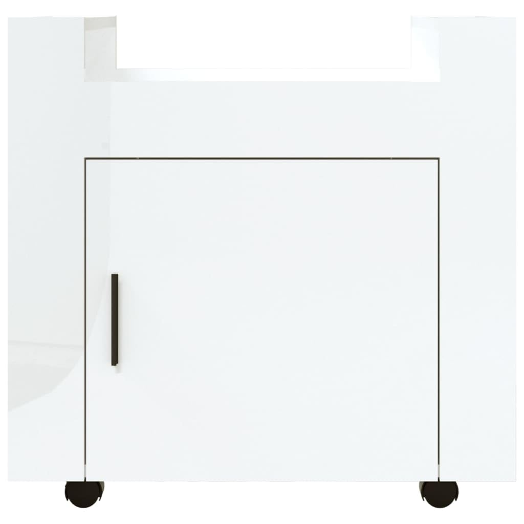 Hochglanz-Weißer Bürowagen 60x45x60 cm aus Holzwerkstoff mit 4 Rollen, stabile Oberfläche, Stauraum, Tür, ideal für Büroorganisation, langlebig, leicht beweglich, pflegeleicht