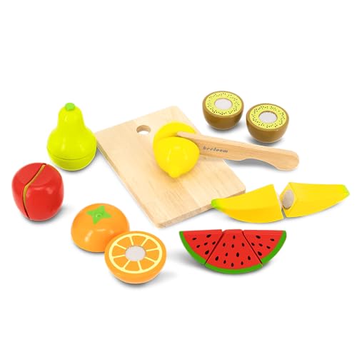 Beeloom - Tabla Frutas Alimentos Madera Natural, Fruit Table, Juguete simbólico para Cortar, Set Juego imaginativo Infantil, Surtido Piezas niños hortalizas