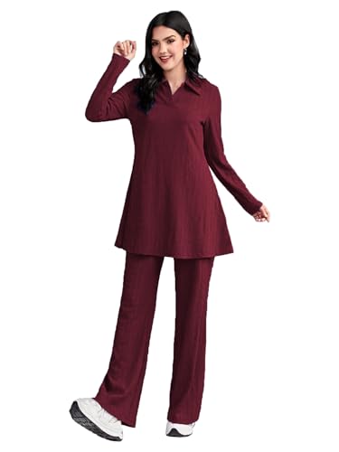 Image of TADKEE Women's Solid Color Two-Piece Set | Long Sleeve Top & Wide Leg Pants Co-ord Set | Casual Wear Co ord Set