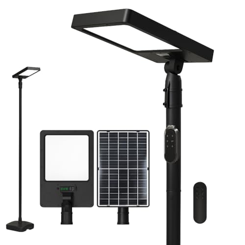Dopa Lampione LED Solare 240W da Esterno con Palo e Base Faro Lampada Solare per Giardino Cortile Kit Completo con Telecomando Magnetico IP54 Metallo e ABS con 3 Temperature di Luce 3000K/4000K/6500K