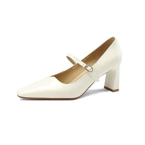 TinaCus Women's Pointed Toe Genuine Leather Handmade Block Heels Chic Mary Jane Pumps Shoes