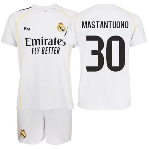 Genérico R. Madrid Conjunto Camiseta y Pantalón 2025/26 Réplica Oficial - EQUIPO MASCULINO– FRANCO MASTANTUONO – Primera Equipación – UNISEX (FR/ES, Edad, 14 años, Regular, Blanca)