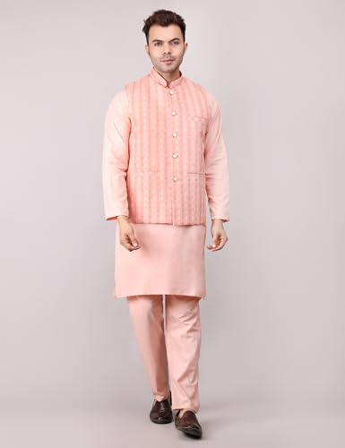 Image of Men's Cotton Silk Blend Regular Kurta Pyjama, Embroidered Nehru Jacket /Waistcoat Set