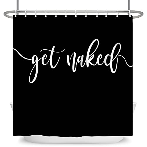 SDOTPMT 41x63inch Get Naked Theme Shower Curtain White Art Font Words Funny Quotes Bath Curtain Aesthetic Letter Black Bathtub Curtain for Bathroom Decor Fabric Polyester with Hooks