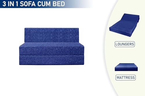 Image of Foldable 1 Seater Sofa Cum Bed, Sofa Bed 3 X 6 Feet, Jute Fabric- Washable Cover- Including One Cushion Perfect for Home & Office - Blue Color