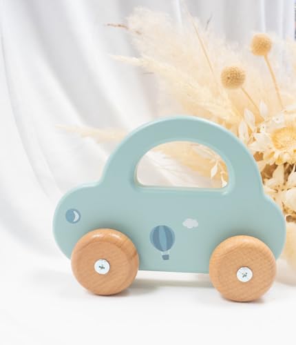 minipishop® Babygeschenke zur Geburt Junge personalisiert -Holzauto ab 1 Jahr als Spielzeug oder Babygeschenk Geburt türkis Erstes Auto mit Namen
