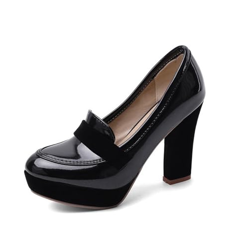 Women's Patent Leather Platform Chunky Heeled Pumps,Fashion Round Closed Toe High Heel Oxford Loafers,Comfortable Non-Slip Slip-On Office Dress Pump Shoes