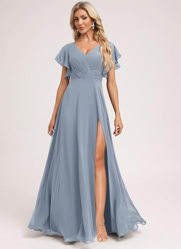 IKMNN Short Sleeve A Line Bridesmaid Dresses for Women Side Slit Pleated Formal Dress IK0264