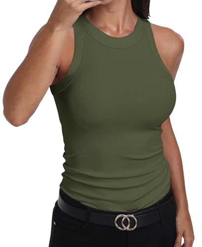 GEMBERA Womens Sleeveless Racerback High Neck Basic Ribbed Knit Fitted Tank Top,OliveGreen,L