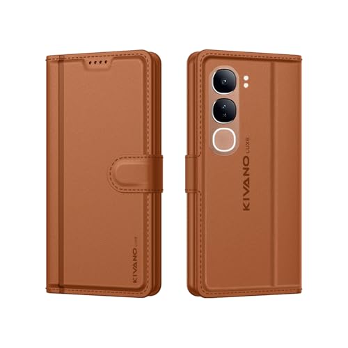 Image of KIVANO LUXE Compatible for Vivo Y29 5G Luxury Handmade Leather Magnetic Flip Folio Case | Card Holder & Kickstand | Slim Protective Cover | Unisex - Brown
