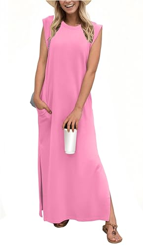 Image of GRECERELLE 2026 Women Year-Round Casual Round Neck Loose Split Wrinkle-Free Long Maxi Vacation Dress with Pockets (XXS-4XL)