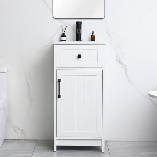 ALBAD 16-Inch Modern Bathroom Vanity with Sink, Small Bathroom Vanity Set with Storage, Freestanding Compact Space Bathroom Cabinet, Single Sink Cabinet with Adjustable Shelf (White)