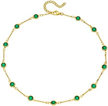 NORLSO Turquoise Dainty Choker Necklace for Women 18K Gold Plated Green Crystal Stone Chain Link Necklace Emerald Cubic Zircon Rhinestone Quartz Charm Necklaces Jewelry Gift for Women Girls