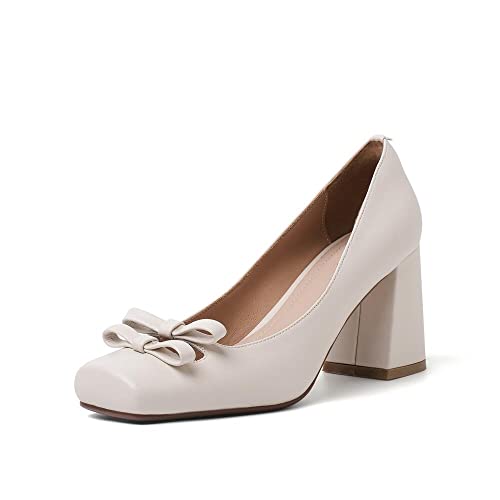 TinaCus Handmade Women's Genuine Leather Slip On Bow Square Toe High Chunky Heel Pumps Shoes