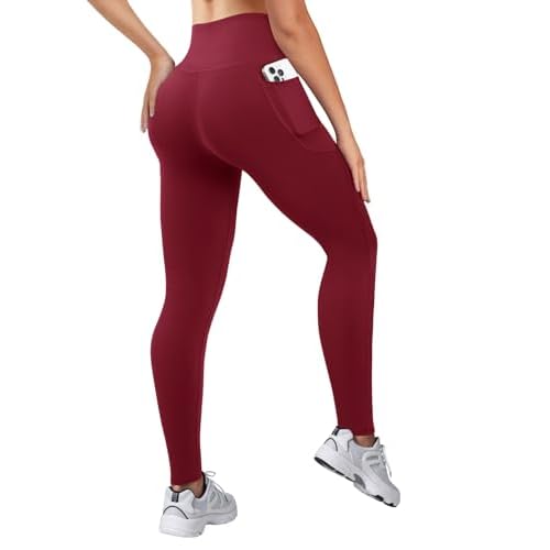 COPYLEAF High Waisted Leggings for Women Workout Butt Lifting Yoga Pants with Pockets Tummy Control Yoga Leggings Wine Red X-Large