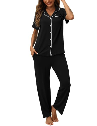 Image of HNG Women Pajamas Set 2 Piece Button Up Pajamas Pant and Short Sleeve Shirt for Woman Pj Sets with Pocket