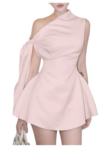 GORGLITTER Women's Off The Shoulder Mini Dress Tie Shoulder Asymmetrical A Line Flared Chic Cocktail Dresses