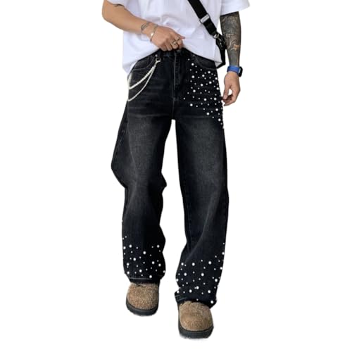 Men Baggy Pearl Jeans Straight Oversized Denim Pants Streetwear