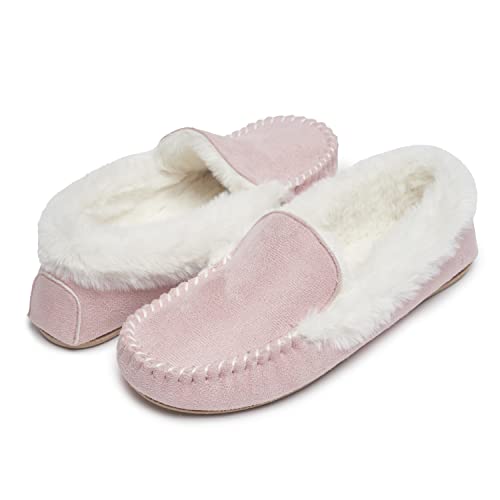 Laura Ashley Womens Micro Suede Memory Foam Moccasin Slippers, Warm Fuzzy Rubber Bottom Indoor Outdoor Faux Fur House Shoes2