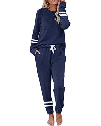 Eurivicy Women s 2 Piece Outfits Stripe Print Long Sleeve Pullover and Drawstring Sweatpants Loungewear Sweatsuit Set