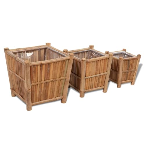 vidaXL 3X Arriates de Bambú con Forro Juego de Jardineras Diversos Tamaños