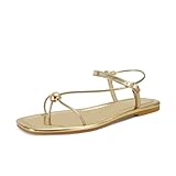 GTBINGGO Gold Strappy Flat Sandals for Women Comfortable Open Square Toe Slingback Sandals Dressy Beach Thong Flip Flop Slides Sandals