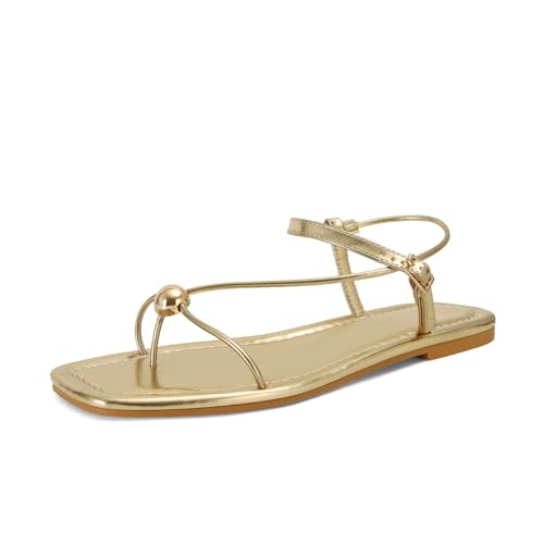 Image of Strappy Flat Sandals for Women Comfortable Open Square Toe Slingback Sandals Dressy Beach Thong Flip Flop Slides Sandals