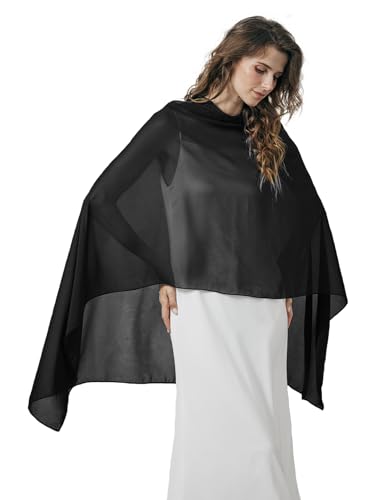 BEAUTELICATE Chal Estola de Gasa Elegante para Mujer Chifón Capa Poncho Ligera para Novias Bodas y Vestidos de Noche-Negro