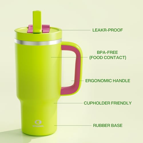 Image of 32 oz Tumbler with Handle and Straw: Stainless Steel Insulated Tumbler Keeps Cold for 24 Hours, Leakproof Travel Cup Fits in Cup Holder and BPA-Free,Acid Green