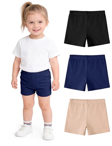 WRYGRTA 3-Pack Toddler Girl Biker Shorts – Cotton Dance Shorts for Baby Girls, Under Dress, Summer, Black/Navy/Khaki, Size 4T