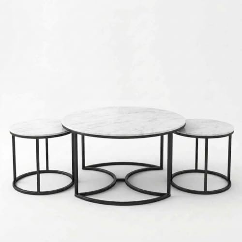 Image of 3 Piece Living Room Table Set, 1 Center Table and 2 End Nesting Tables NO-Tools Assembly Round Stacking Coffee Side Tables for Small Spaces, Nightstand Bedside Table White and Black